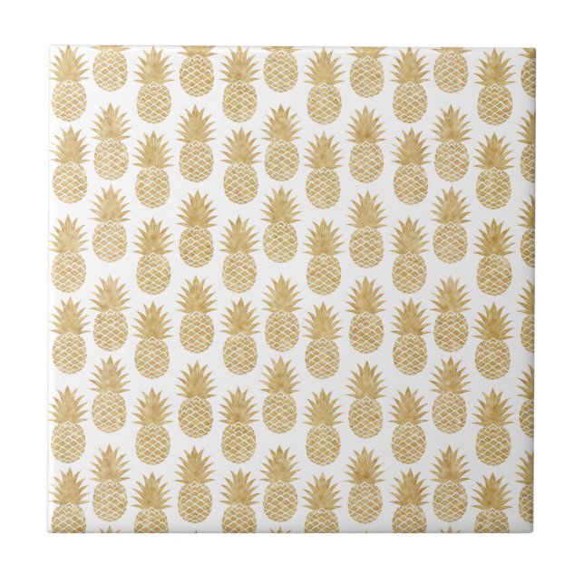 Elegant Tropical White Gold Pineapple Pattern Tile (Front)