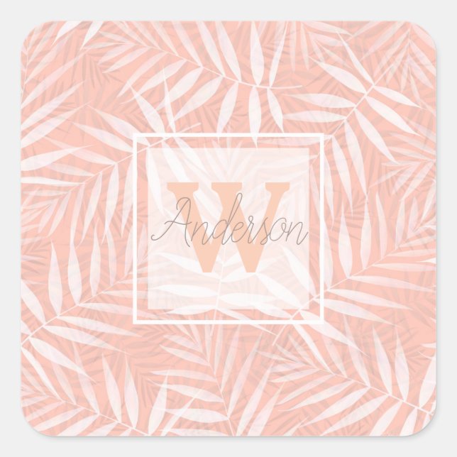 Elegant tropical white palm leaves paint square sticker (Front)