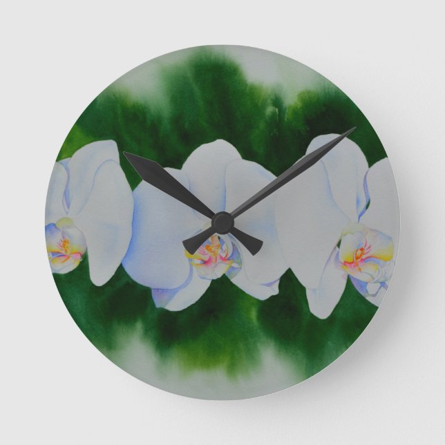 Elegant tropical white watercolor orchid painting  round clock (Front)
