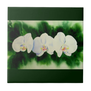 Elegant tropical white watercolor orchid painting  tile