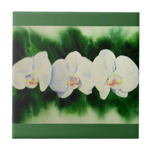 Elegant tropical white watercolor orchid painting  tile
