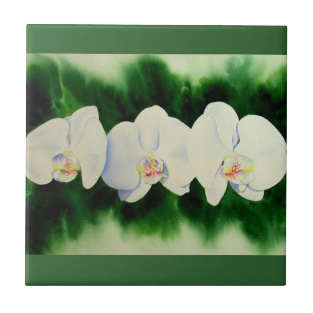 Elegant tropical white watercolor orchid painting  tile (Front)
