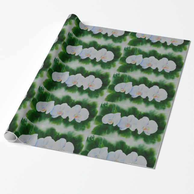Elegant tropical white watercolor orchid painting  wrapping paper (Unrolled)
