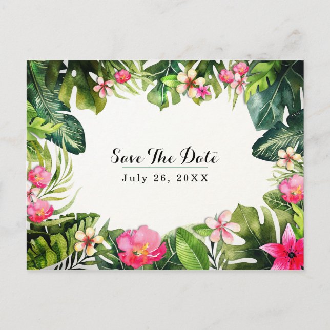 Elegant Tropics Green Leaves Floral Save the Date Announcement Postcard (Front)