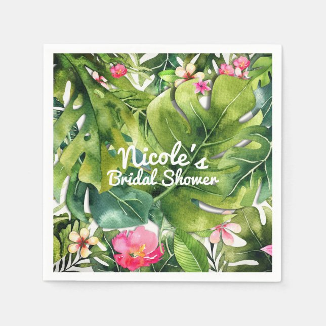 Elegant Tropics Green Leaves Floral Watercolor Napkin (Front)