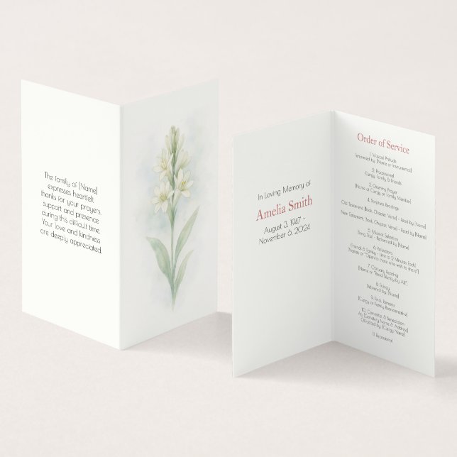 Elegant Tuberose Funeral Order of Service Program  (Inside and Outside)