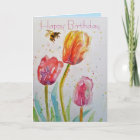 Elegant Tulip and Bee Watercolour Birthday Card