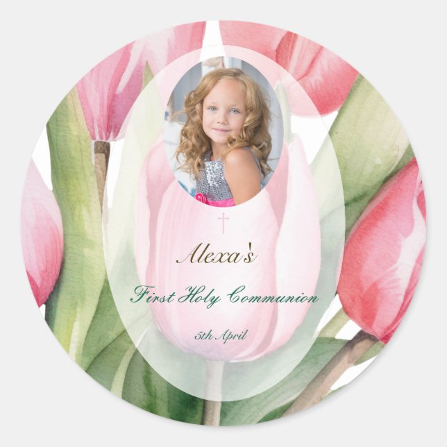 Elegant tulip First Communion Classic Round Sticker (Front)