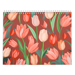 Elegant Tulip Floral Pattern – Red & Peach Spring  Calendar