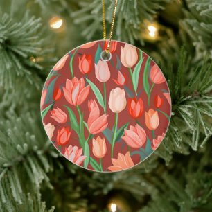 Elegant Tulip Floral Pattern – Red & Peach Spring  Ceramic Tree Decoration