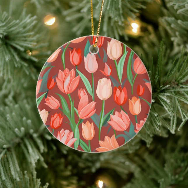 Elegant Tulip Floral Pattern – Red & Peach Spring  Ceramic Tree Decoration (Tree)