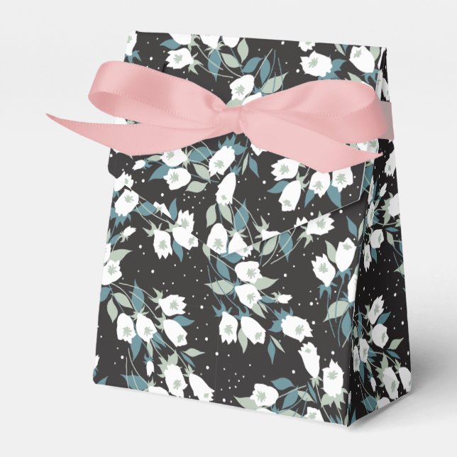 Elegant Tulip Flower Pattern Black Background Favour Box (Front Side)