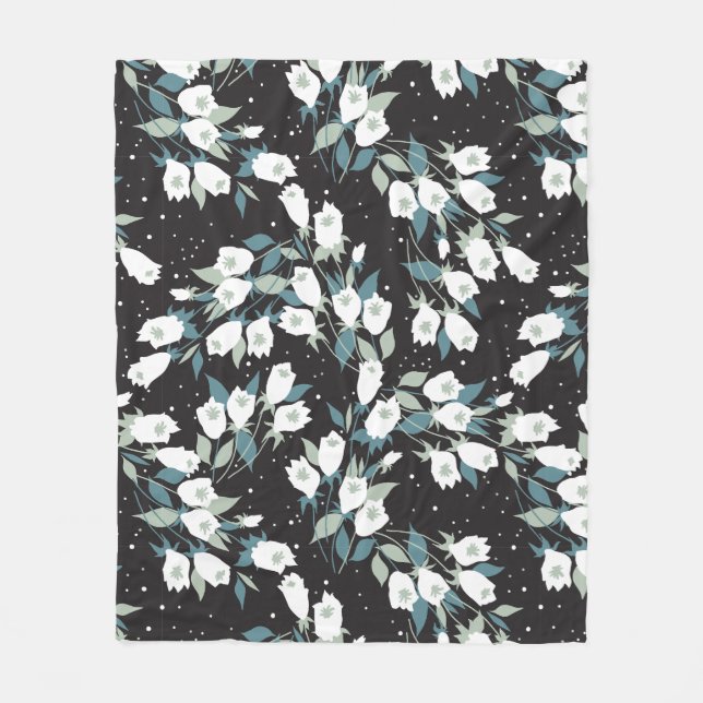 Elegant Tulip Flower Pattern Black Background Fleece Blanket (Front)