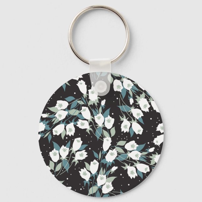 Elegant Tulip Flower Pattern Black Background Key Ring (Front)