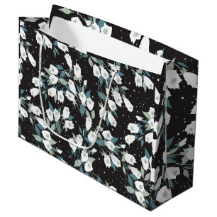 Elegant Tulip Flower Pattern Black Background Large Gift Bag