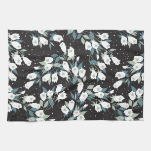 Elegant Tulip Flower Pattern Black Background Tea Towel