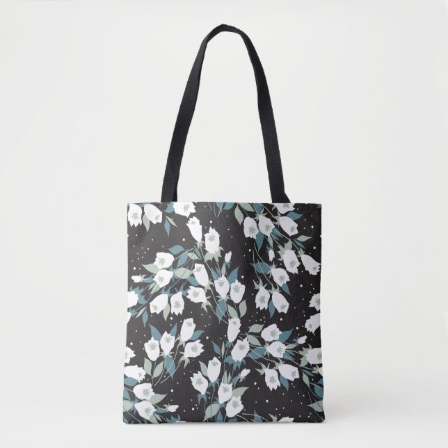 Elegant Tulip Flower Pattern Black Background Tote Bag (Front)
