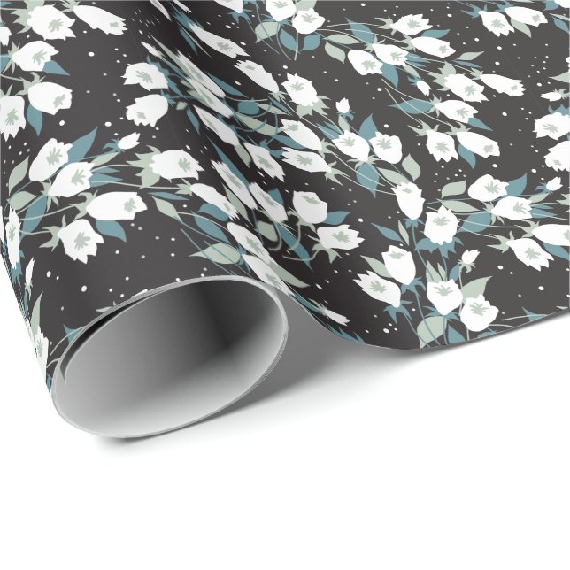 Elegant Tulip Flower Pattern Black Background Wrapping Paper (Roll Corner)