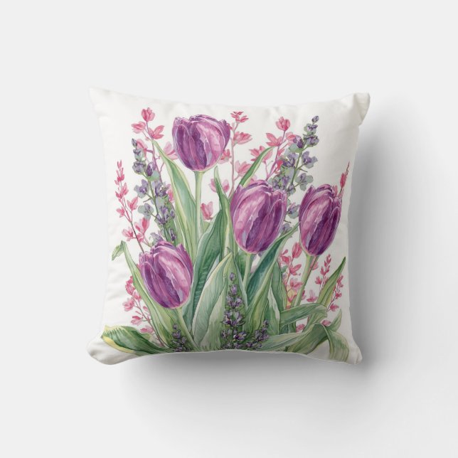 Elegant Tulip Flowers Pattern,Purple Stripes Cushion (Front)
