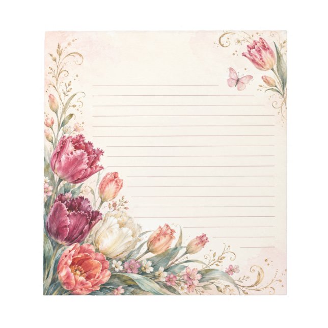 Elegant Tulip Garden and Butterfly Lined  Notepad (Front)