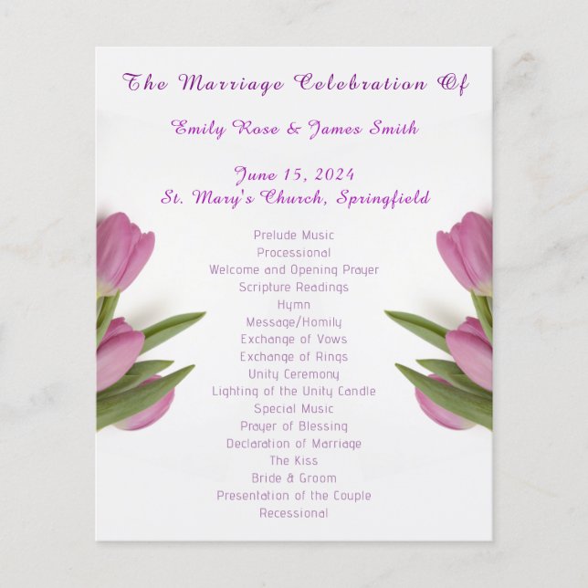 Elegant Tulip Wedding Ceremony Program Paper Sheet (Front)