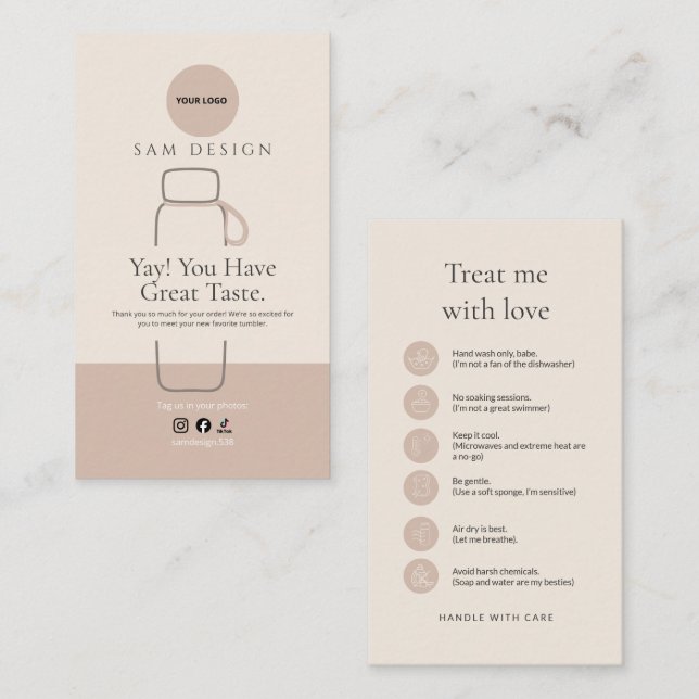 Elegant Tumbler Care Instructions Custom Than you Business Card (Front/Back)