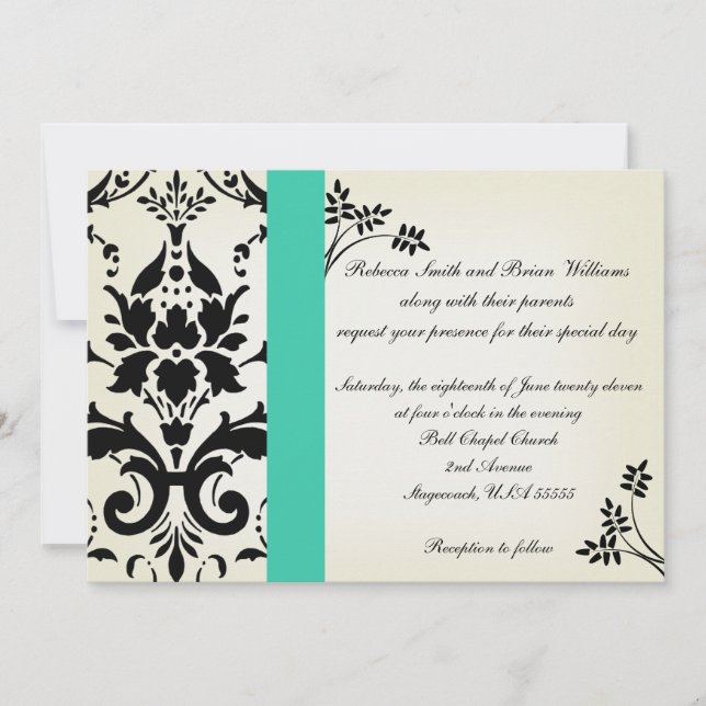 Elegant Turquoise and Black Damask Wedding Invite (Front)