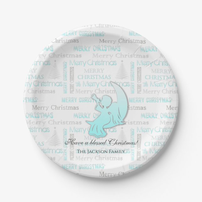 Elegant Turquoise and Silver Christmas Typography Paper Plate (Front)