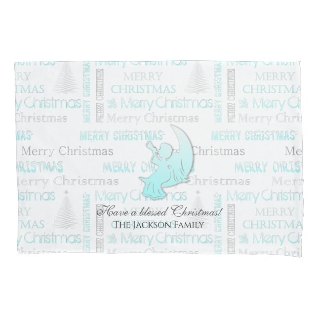 Elegant Turquoise and Silver Christmas Typography Pillowcase (Front)