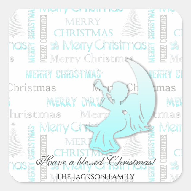 Elegant Turquoise and Silver Christmas Typography Square Sticker (Front)