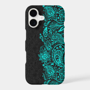 Elegant Turquoise & Black Floral Paisley Lace