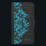 Elegant Turquoise & Black Girly Floral Lace Samsung Galaxy S5 Wallet Case<br><div class="desc">Elegant vintage floral lace in turquoise over black damasks background.  Custom and optional monogram. If you need any help customising,  changing colour,  or anything else to any of my designs,  contact ArtOnWear designer. Free text formatting with live help available by request.</div>