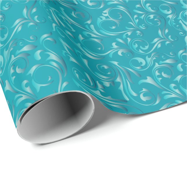 Elegant Turquoise Blue Damask Design Wrapping Paper (Roll Corner)
