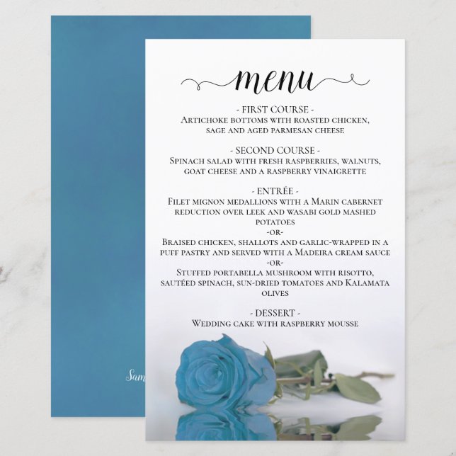 Elegant Turquoise Blue Rose Budget Wedding Menu (Front/Back)