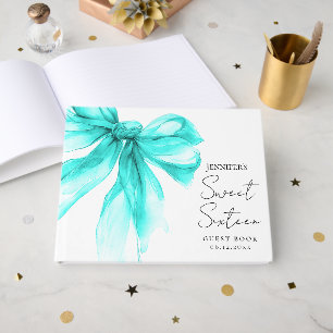 Elegant Turquoise Bow Coquette Script Sweet 16 Guest Book