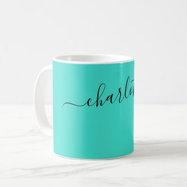 Elegant Turquoise Colour Modern Name Personalised Coffee Mug (Front Left)