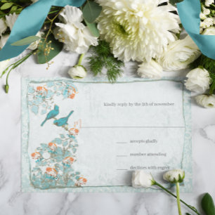 Elegant Turquoise Coral Birds Damask Wedding RSVP Card
