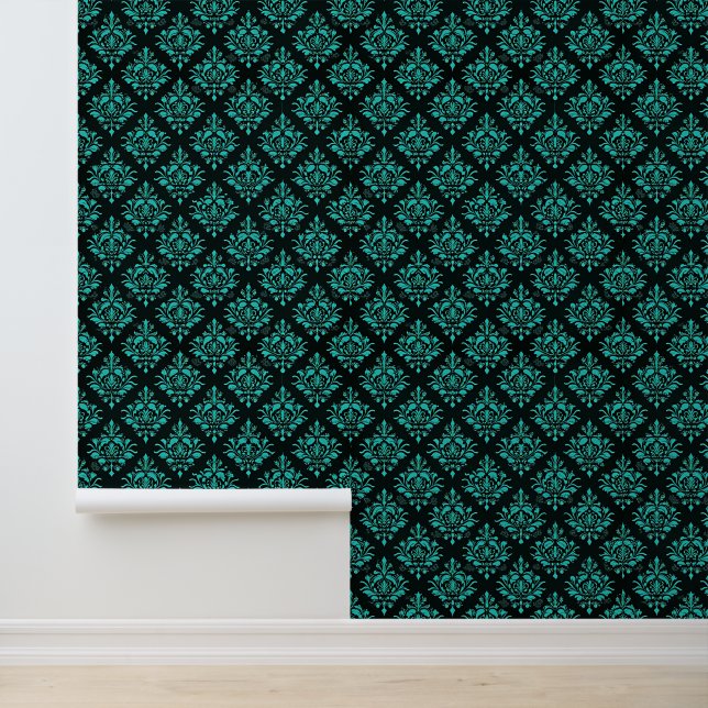  Elegant Turquoise Damask Pattern on Black  Wallpaper (Application)