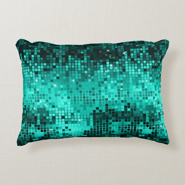 Elegant Turquoise Disco Ball Glitter & Sparkles Decorative Cushion (Front)