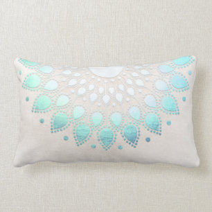 Elegant Turquoise Floral Lotus White Marble Lumbar Cushion