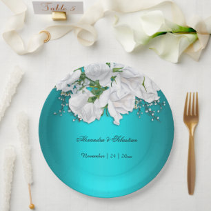 Elegant Turquoise Floral Wedding  Paper Plate