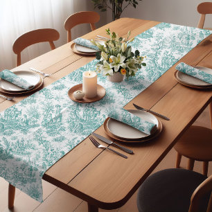 Elegant Turquoise French Country Toile de Jouy Short Table Runner