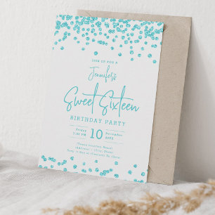 Elegant Turquoise Glitter Confetti Sweet 16 Party Invitation