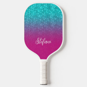 Elegant Turquoise Glitter Hot Pink Ombre Name Pickleball Paddle