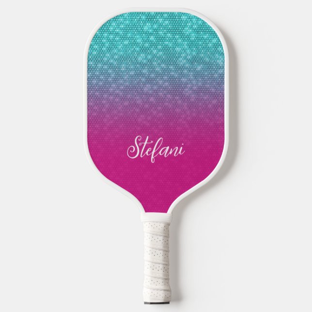 Elegant Turquoise Glitter Hot Pink Ombre Name  Pickleball Paddle (Front)