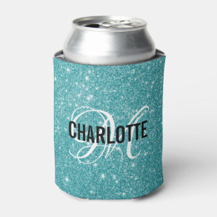 Elegant turquoise glitter monogram name can cooler