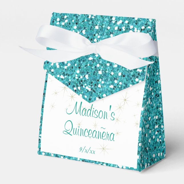 Elegant Turquoise Glitter, Quinceanera Custom Favour Box (Front Side)