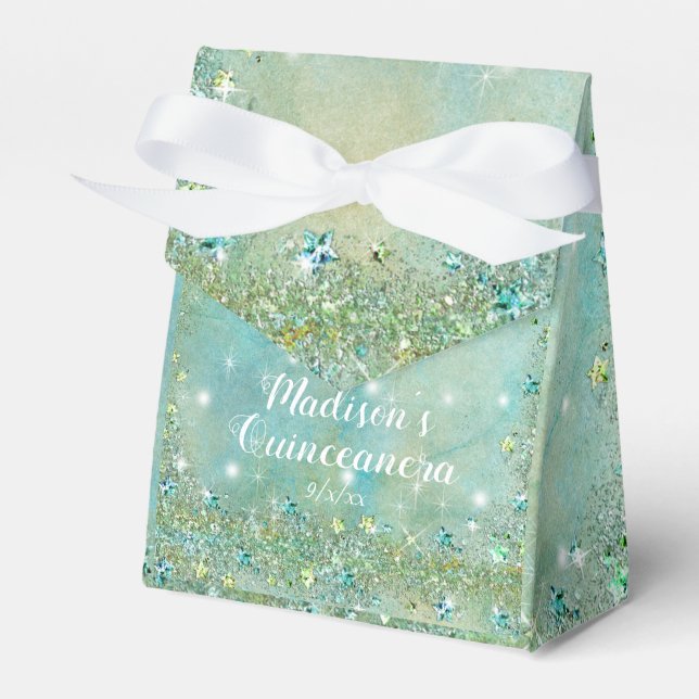 Elegant Turquoise Glitter, Quinceanera Favour Box (Front Side)