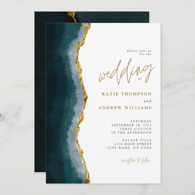 Elegant Turquoise Gold Agate Calligraphy Wedding Invitation (Front/Back)