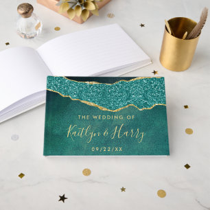 Elegant Turquoise & Gold Agate Wedding Guest Book